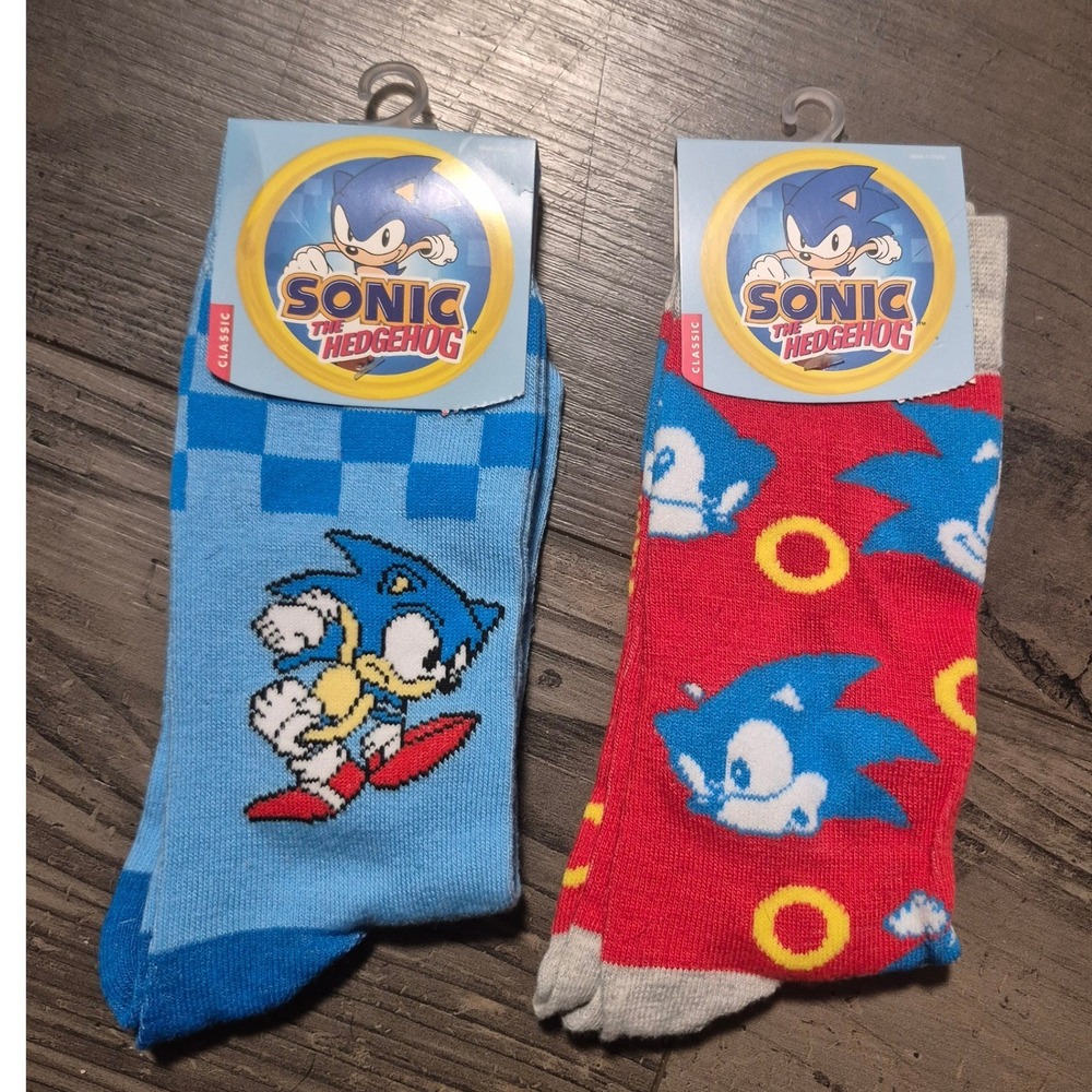 Sonic the Hedgehog Bioworld Crew Socks 2 Pair Set Blue Red Mens Size 10-13 NEW